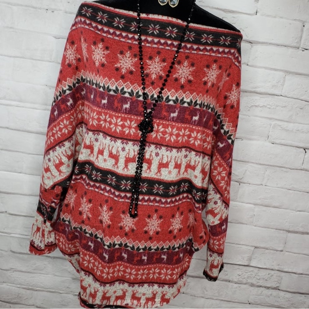 Snowflake and reindeer off the shoulder dolman